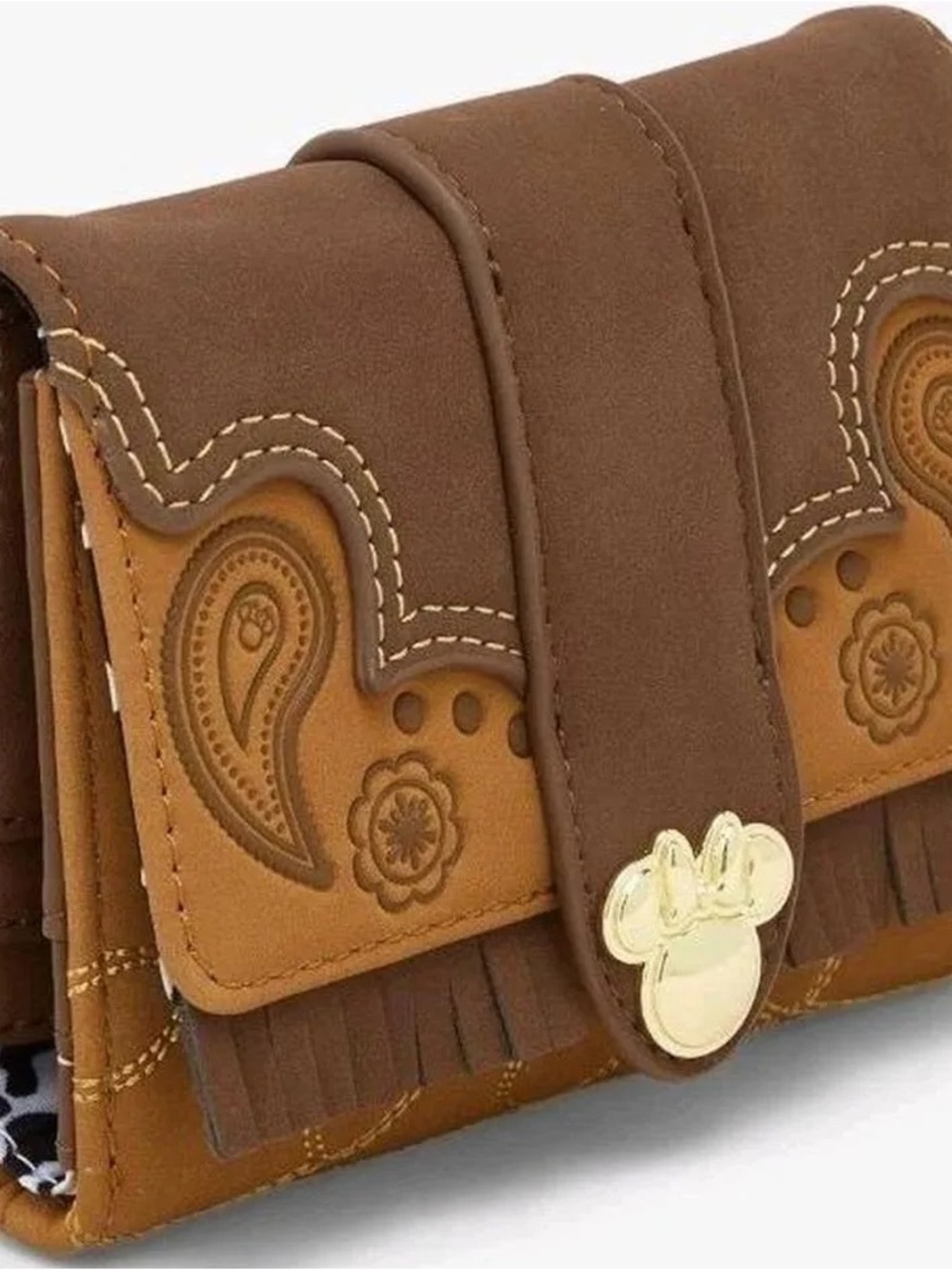 Loungefly Brown and Tan Western Paisley Mini Wallet with Gold Minnie Charm